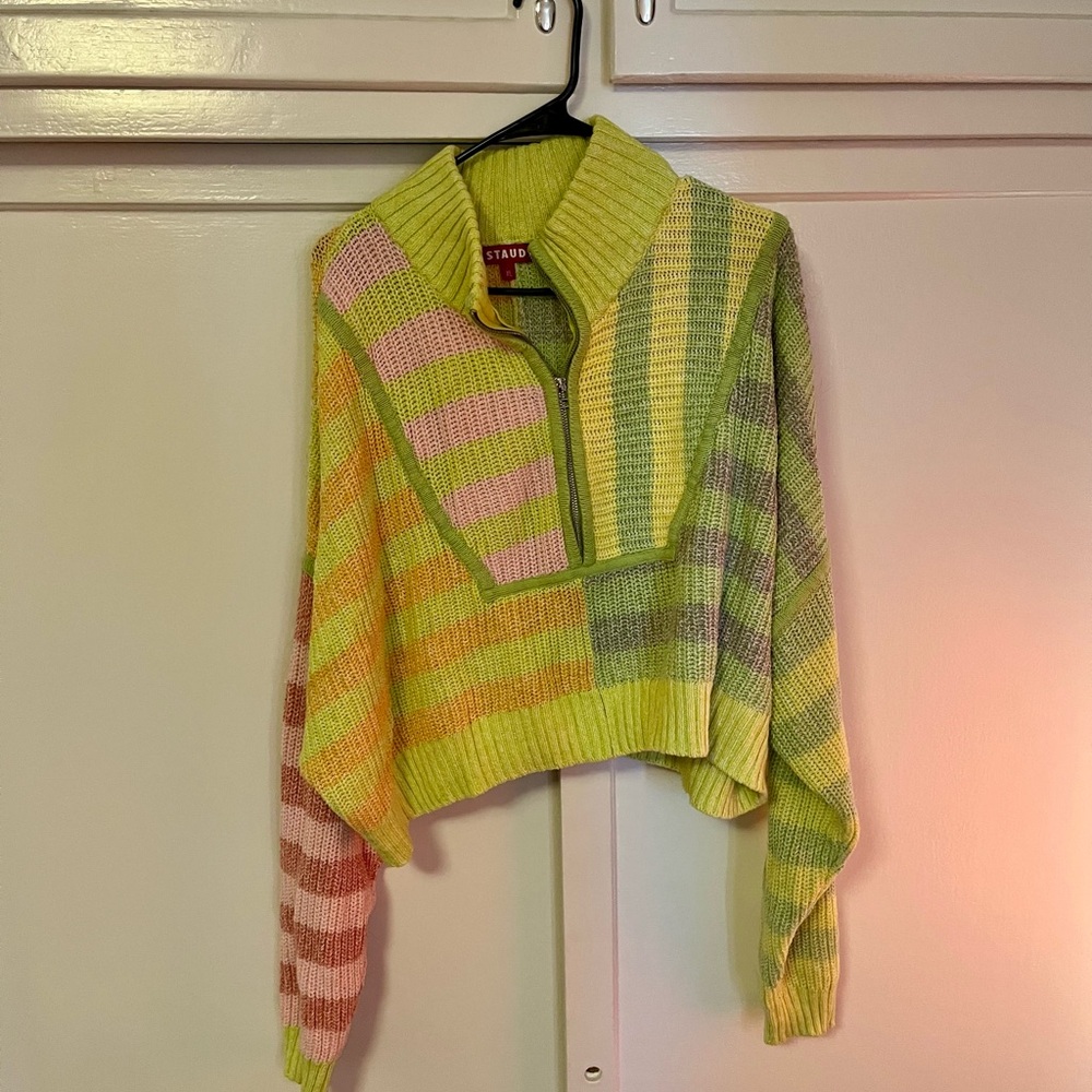 STAUD Hampton cropped striped ribbed cotton-blend sweater XL